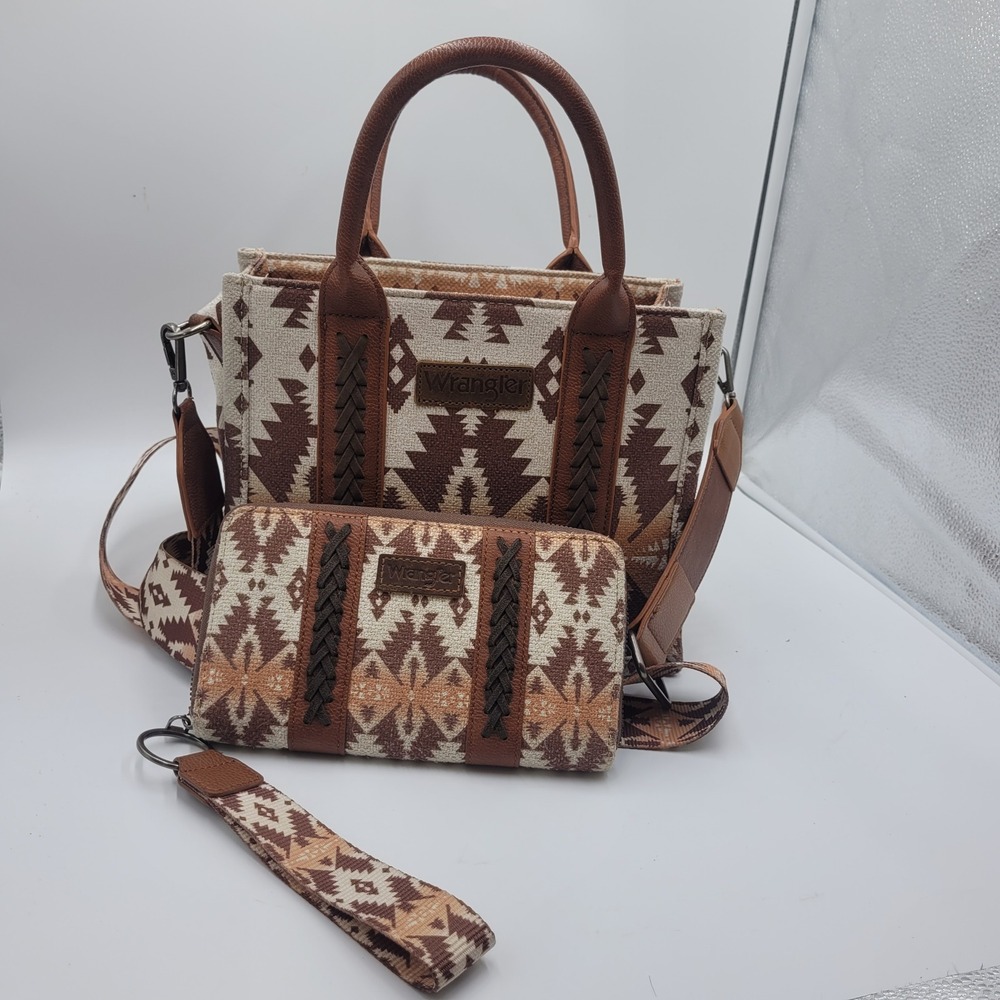 Wrangler Montana West Southwestern Aztec Tote Bag and Wristlet Wallet Set Brown